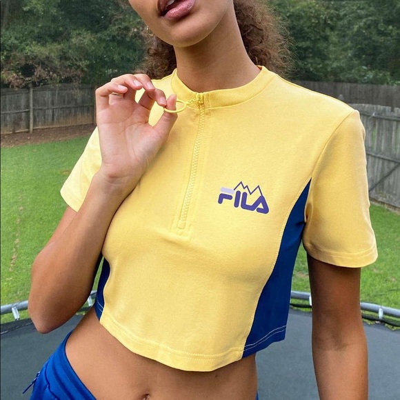Fila Iona Half-Zip Cropped Tee in Yellow and Navy - Picture 1 of 6